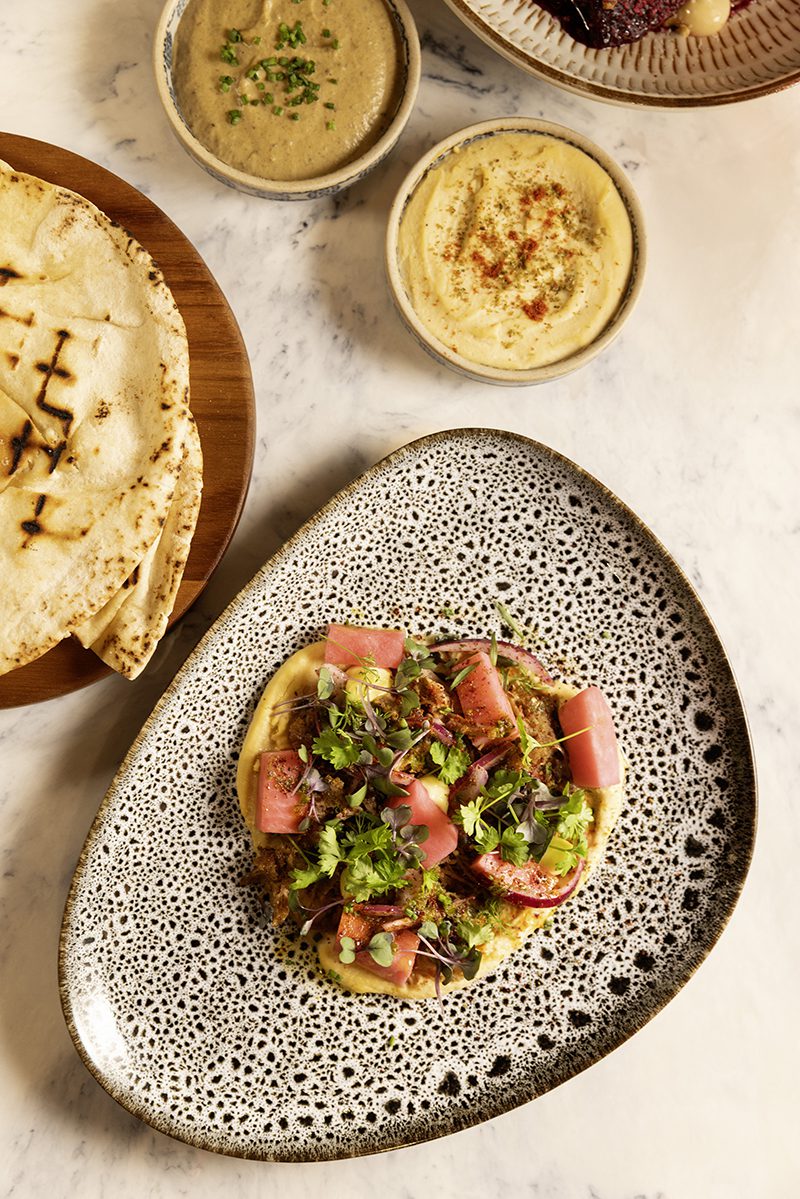 A bird's eye view of a plate containing hummus, topped with vegetables and coriander